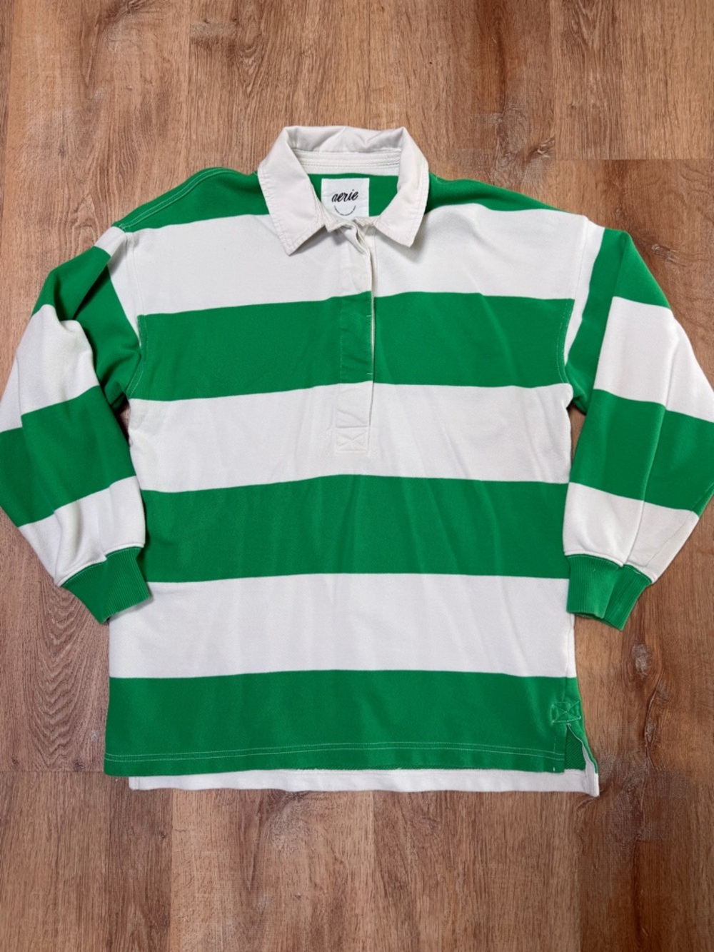 aerie Green and White Striped Rugby Pullover